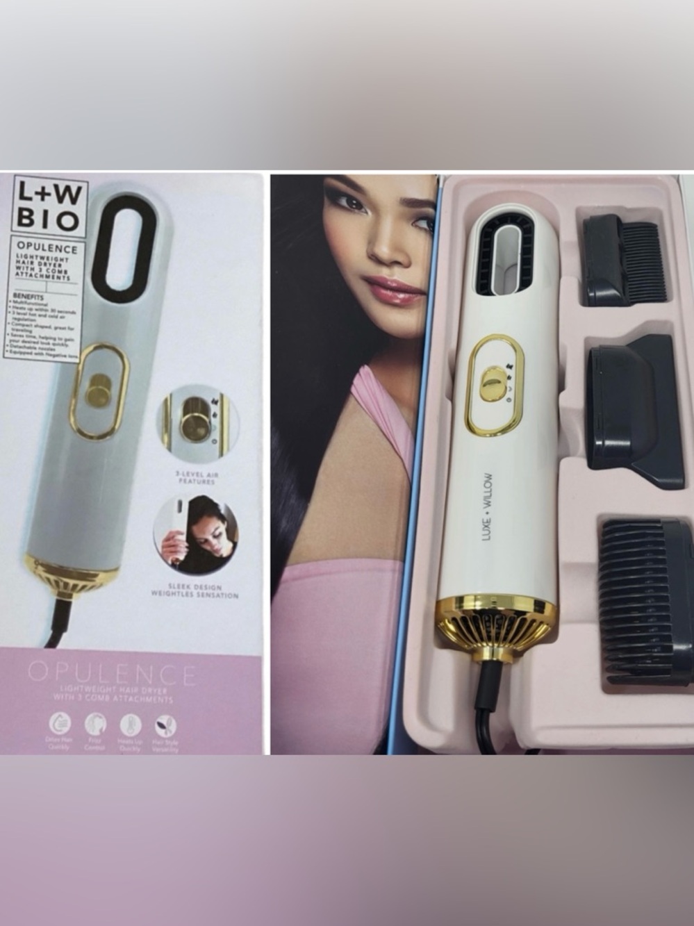 L+W BIO Opulence Lightweight Hair Dryer 3 Comb Attachments